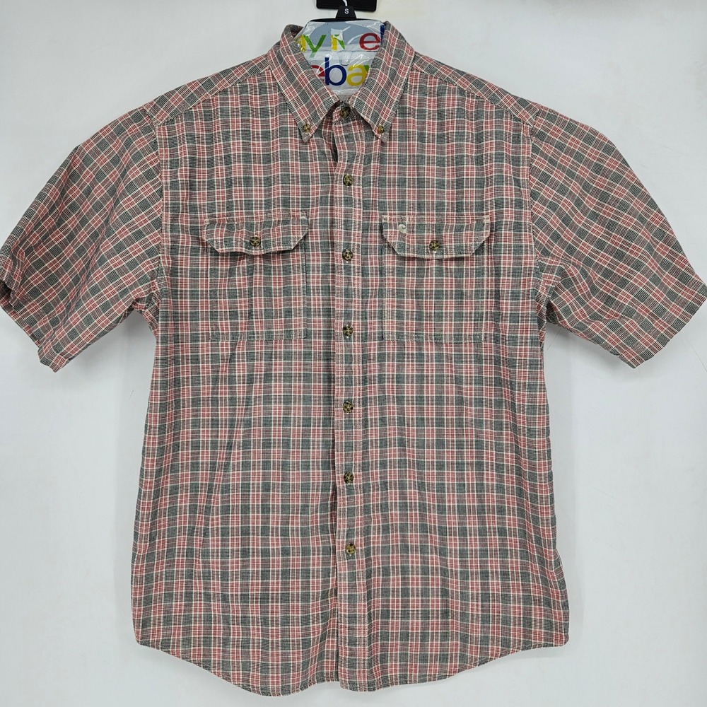 Carhartt Shirt Mens Large Button Up Red Black Plaid Short‎ Sleeve Chambray